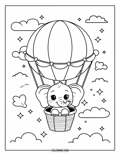 Coloriage d'éléphants pour adultes : Un tout petit éléphant salue depuis une montgolfière dans un ciel étoilé et onirique