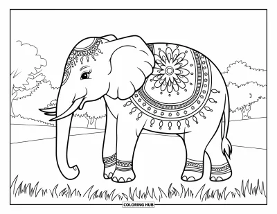 Coloriage d'éléphants pour adultes : Un éléphant orné de motifs de henné complexes se tient dans un paysage serein avec des arbres et des montagnes