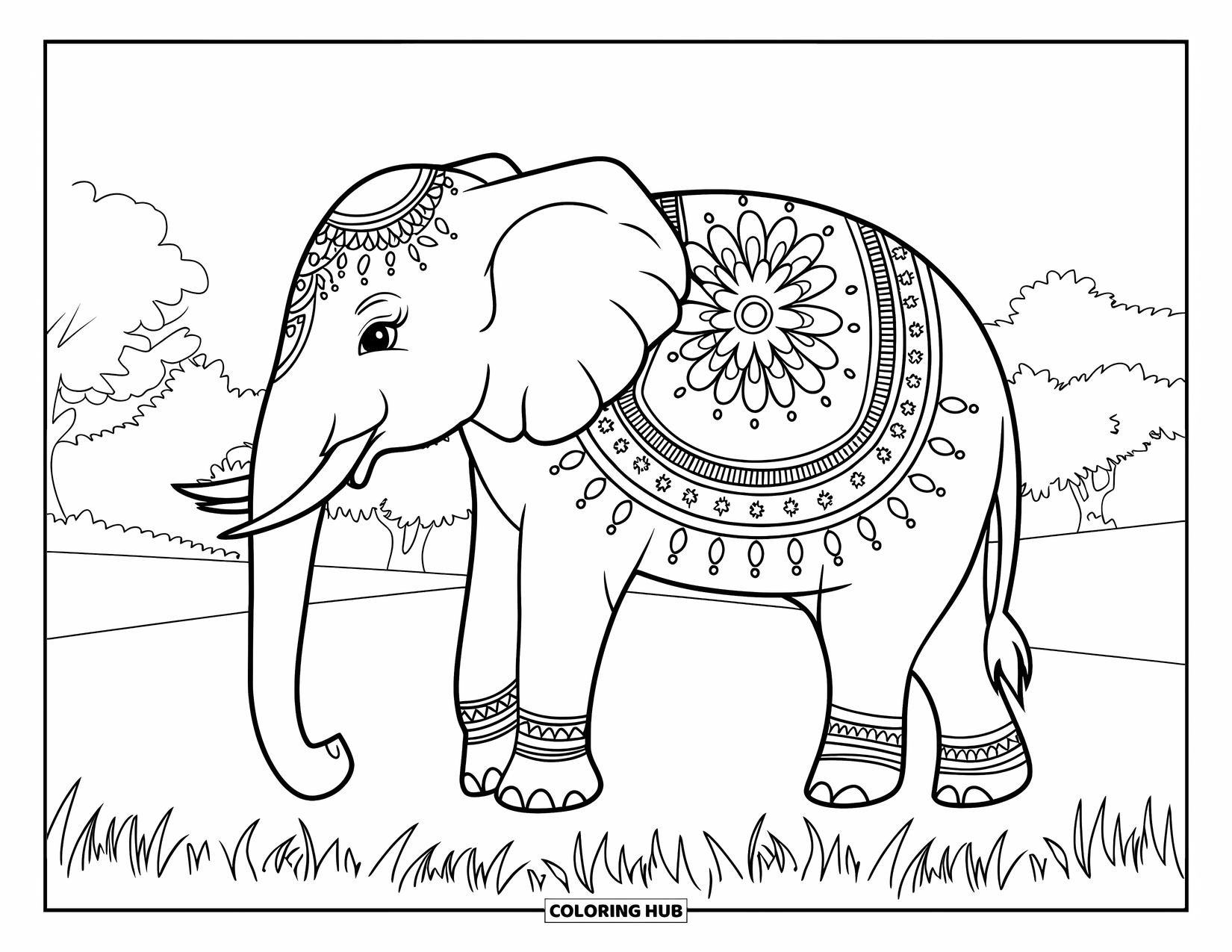 Elephant Coloring Page for Adults: An elephant adorned with intricate henna patterns stands in a serene landscape with trees and mountains