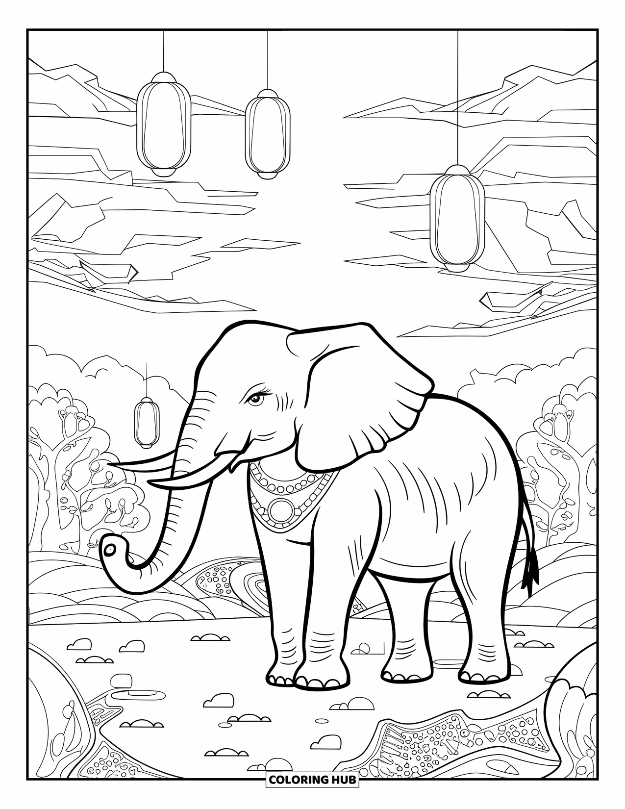 Elephant Coloring Page for Adults: An elephant adorned with jewelry stands in a fantasy setting with glowing trees and floating lanterns