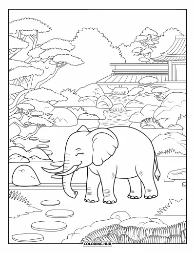 Coloriage d'éléphants pour adultes : Un éléphant se repose dans un jardin zen, entouré de bonsaïs, de pierres et d'une douce cascade