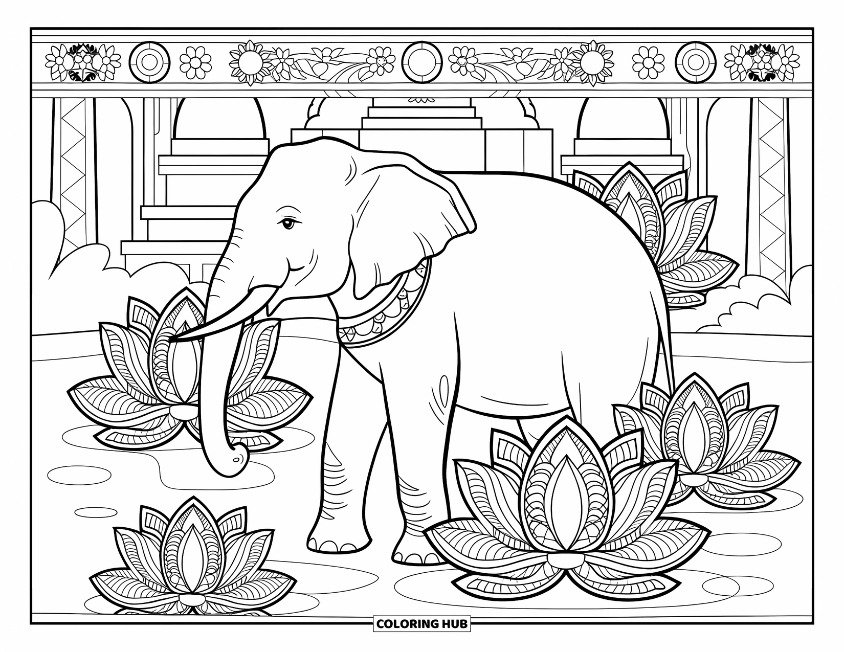 Elephant Coloring Page for Adults: An elephant stands peacefully among large lotus flowers in a pond, with a temple in the background