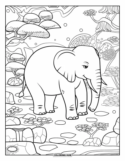 Coloriage d'éléphants pour adultes : Un éléphant se tient paisiblement dans un jardin zen, entouré d'éléments artistiques raffinés