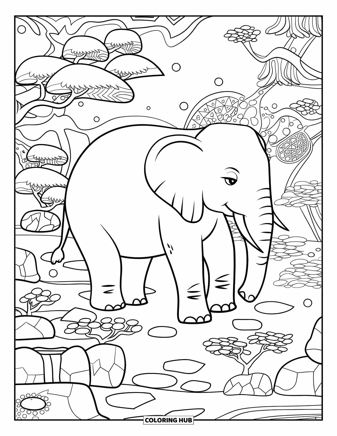 Elephant Coloring Page for Adults: An elephant stands peacefully in a Zen garden, surrounded by intricate artistic elements
