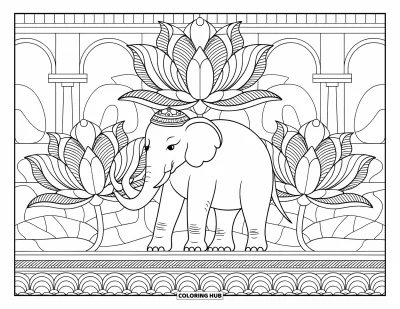 Coloriage d'éléphants pour adultes : Un éléphant portant une coiffe royale se tient parmi des fleurs de lotus détaillées, avec un palais derrière