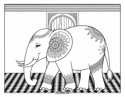 Coloriage d'éléphants pour adultes : Un éléphant aux motifs de henné délicats se tient sur un sol à damier dans un décor d'inspiration marocaine