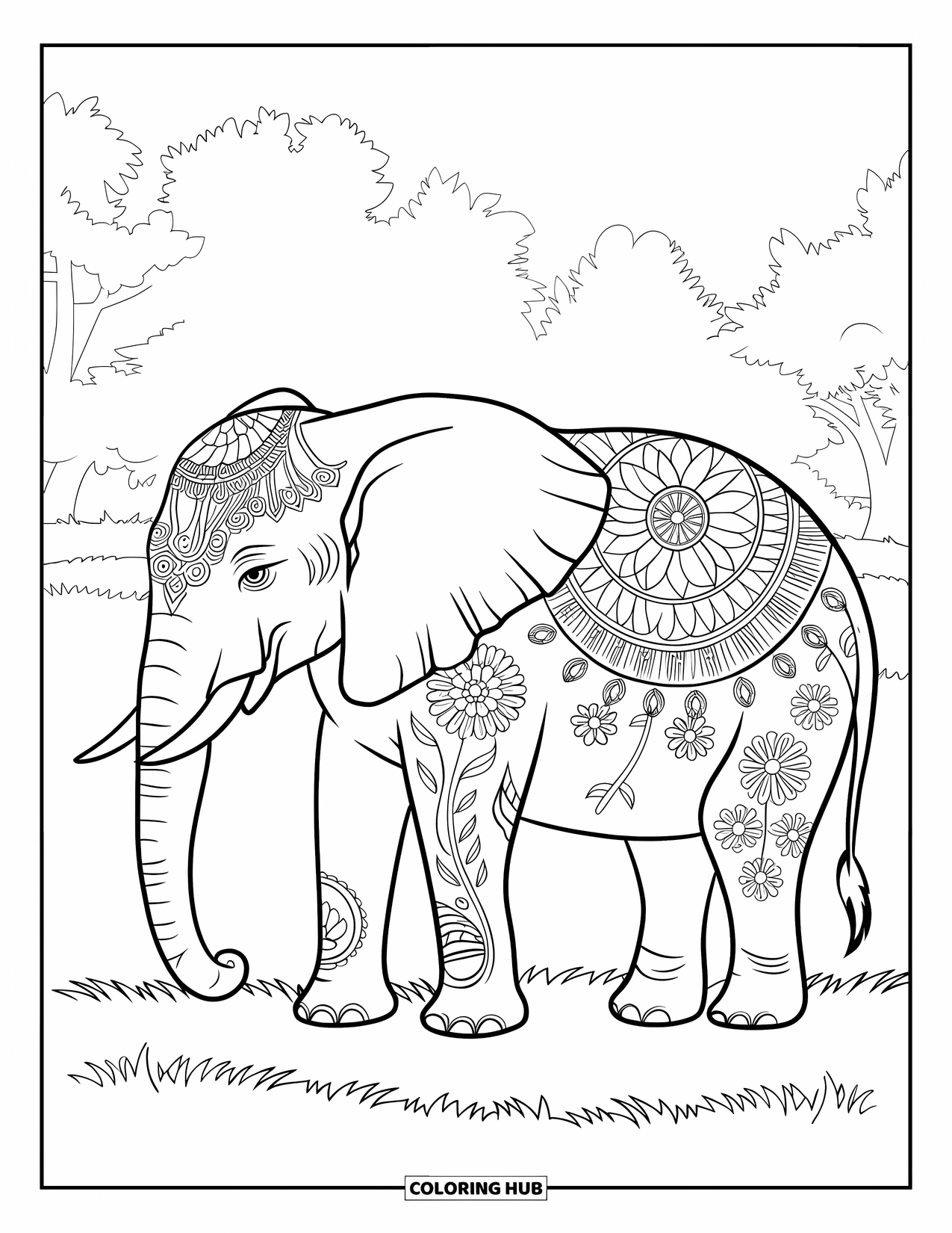 Elephant Coloring Page for Adults: An elephant with floral patterns stands on a grassy field with trees in the background