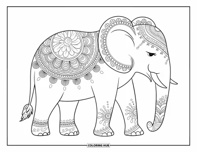 Coloriage d'éléphants pour adultes : Un éléphant aux motifs délicats inspirés du henné se tient sur un fond uni avec une expression calme