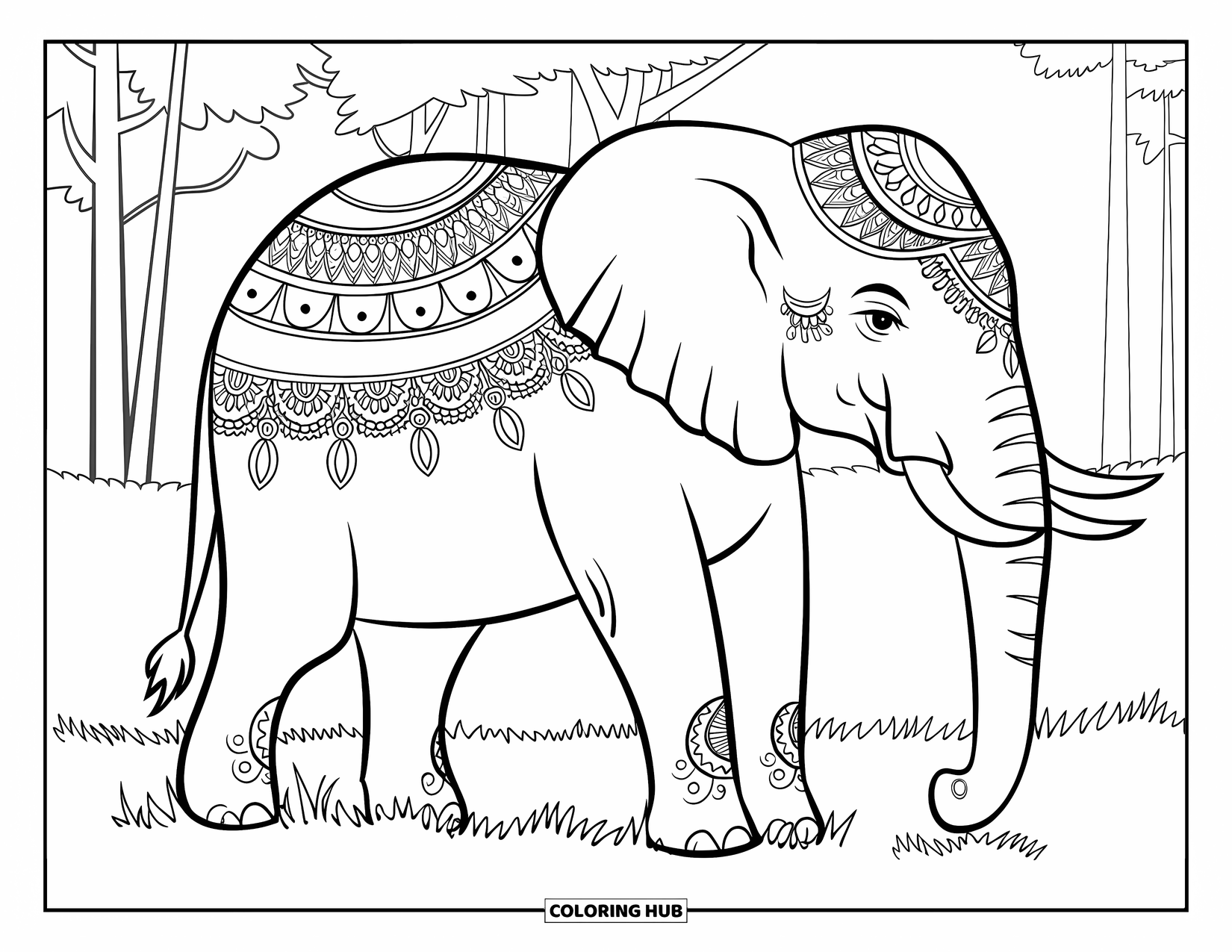 Elephant Coloring Page for Adults: An elephant with ornate henna patterns stands on a grassy field, surrounded by tall trees