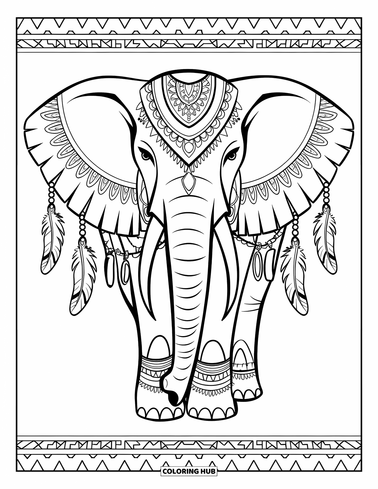 Elephant Coloring Page for Adults: An elephant with tribal jewelry and intricate patterns stands in a beautifully decorated setting