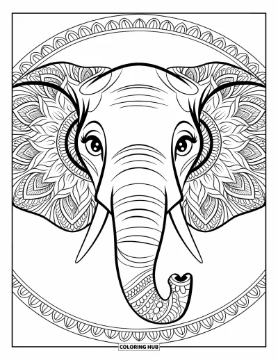 Coloriage d'éléphants pour adultes : Le visage d'un éléphant est orné de mandalas, avec des yeux expressifs et des motifs marqués