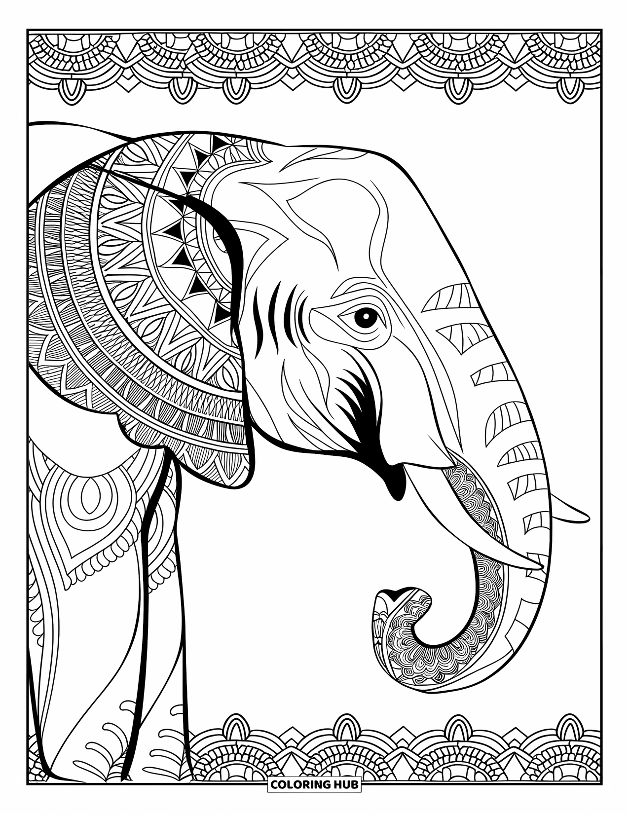Elephant Coloring Page for Adults: An intricately designed elephant face with mandala patterns is surrounded by decorative elements