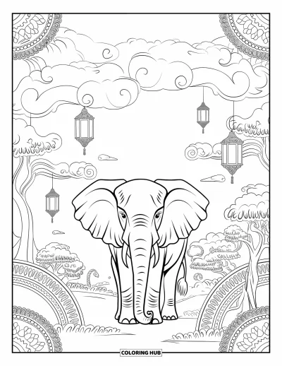 Coloriage d'éléphants pour adultes : Un éléphant aux motifs minutieux se tient dans un paysage mystique avec des arbres lumineux et des lanternes flottantes