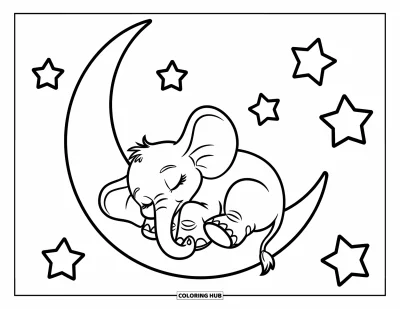 Coloriage d'éléphants pour enfants : Un bébé éléphant se blottit sur une lune en croissant avec des étoiles dispersées dans le ciel
