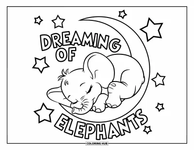 Coloriage d'éléphants pour enfants : Un bébé éléphant se repose sur une lune en croissant avec des étoiles dans un décor nocturne rêveur