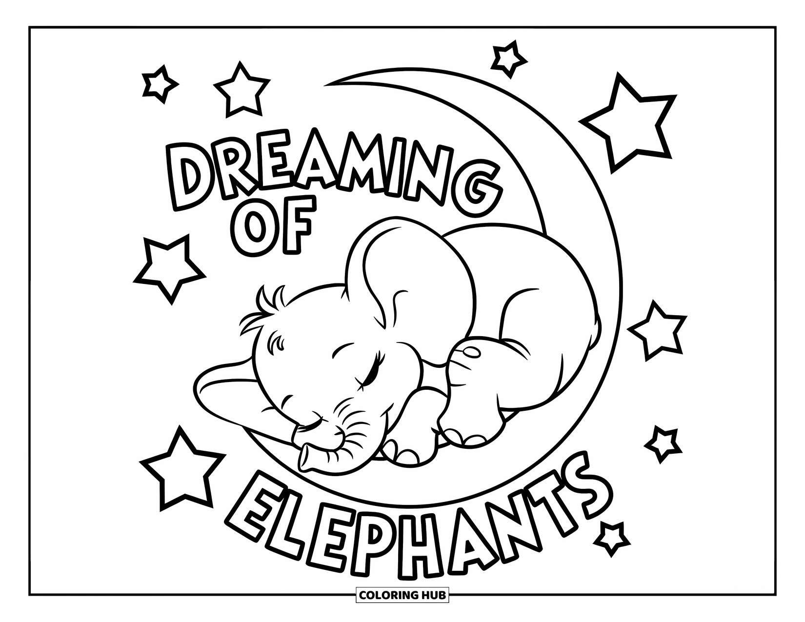 Elephant Coloring Page for Kids: A baby elephant rests on a crescent moon with stars and a dreamy nighttime setting