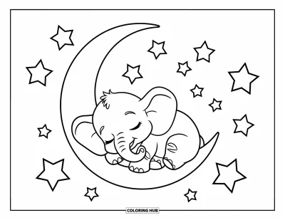 Coloriage d'éléphants pour enfants : Un bébé éléphant dort sur une lune en croissant, entouré d'étoiles dans un ciel nocturne paisible