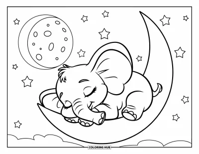 Coloriage d'éléphants pour enfants : Un bébé éléphant dort sur une lune en croissant dans une ambiance nocturne gaie et ludique