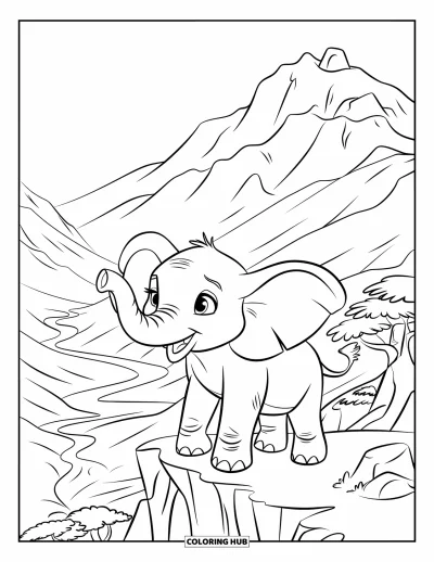 Coloriage d'éléphants pour enfants : Un bébé éléphant se tient au sommet d'une montagne et regarde la rivière sinueuse en contrebas