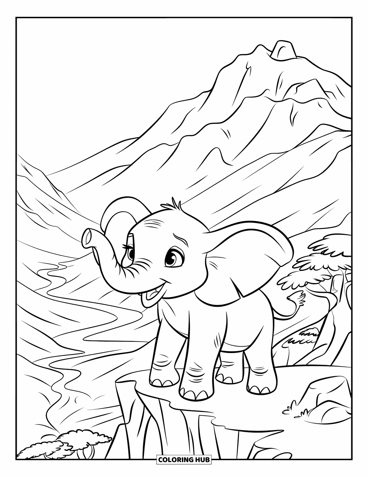Elephant Coloring Page for Kids: A baby elephant stands atop a mountain, looking down at the winding river below
