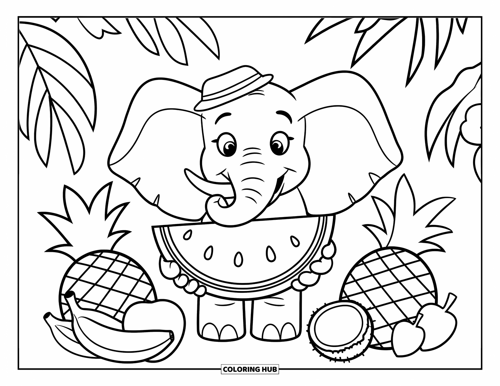 Elephant Coloring Page for Kids: A cheerful elephant holds a watermelon slice, surrounded by tropical fruits