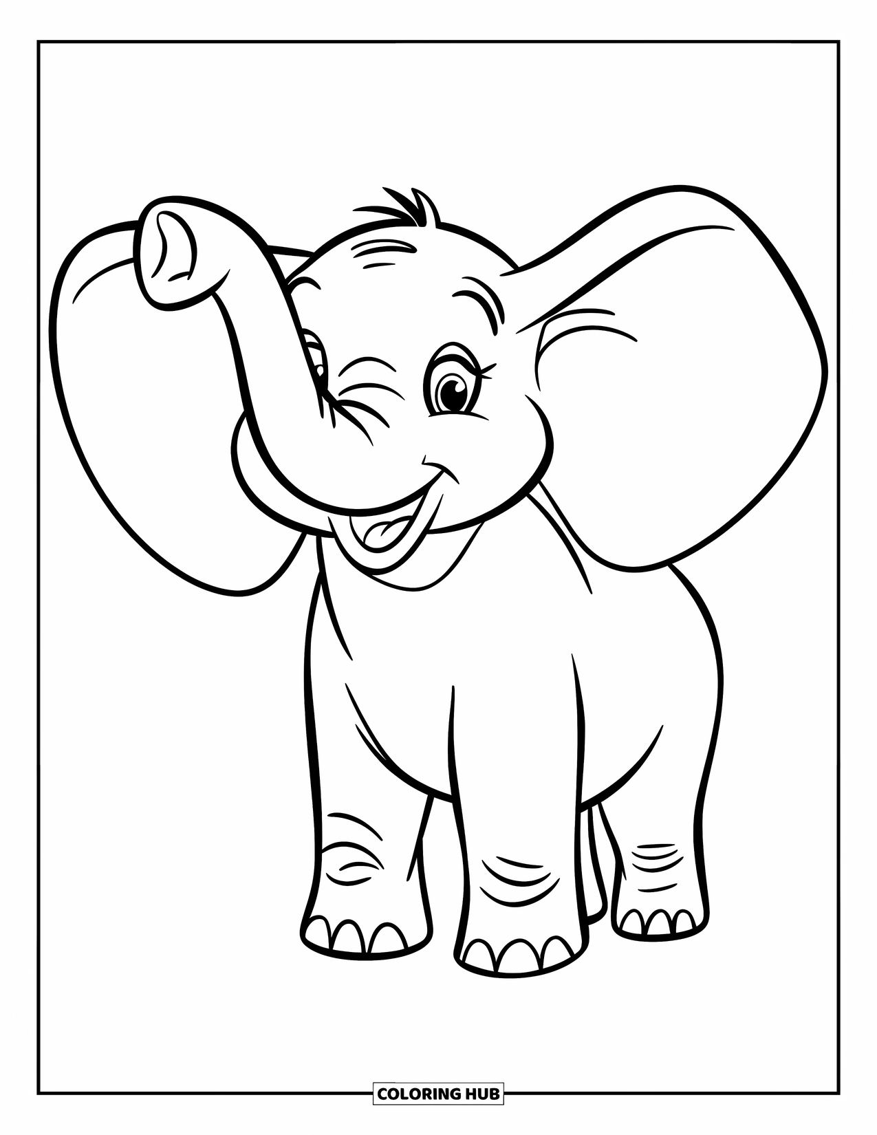 Elephant Coloring Page for Kids: A cheerful elephant waves its trunk playfully in a simple, joyful pose