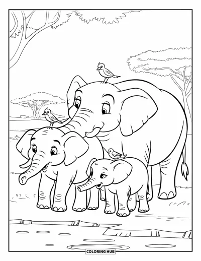 Coloriage d'éléphants pour enfants : Une famille d'éléphants se rassemble à un point d'eau, entourée d'arbres et de nature
