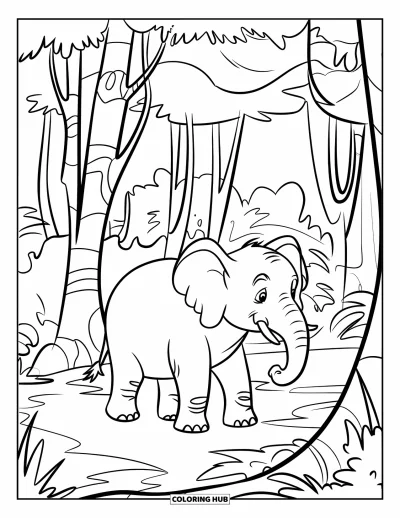 Coloriage d'éléphants pour enfants : Un éléphant doux marche entre des arbres immenses dans une jungle verte et luxuriante