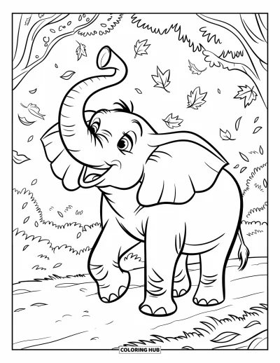 Coloriage d'éléphants pour enfants : Un grand éléphant barrit fort, la trompe levée au milieu de feuilles qui tombent