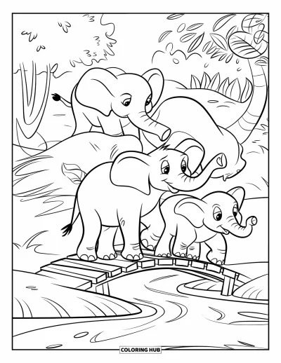 Coloriage d'éléphants pour enfants : Un groupe d'éléphants traverse un pont en bois au-dessus d'un ruisseau calme de jungle