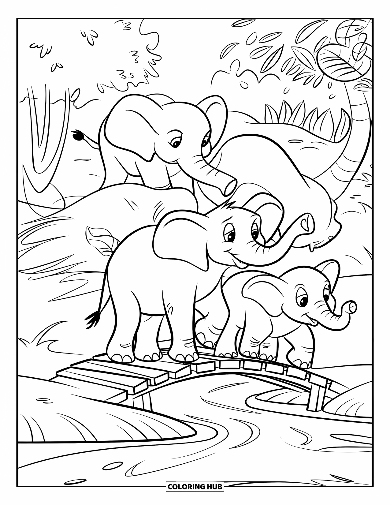 Elephant Coloring Page for Kids: A group of elephants crosses a wooden bridge over a calm jungle stream