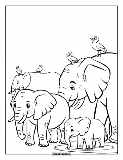 Coloriage d'éléphants pour enfants : Un groupe d'éléphants se rassemble près d'un point d'eau, avec des oiseaux perchés sur leur dos