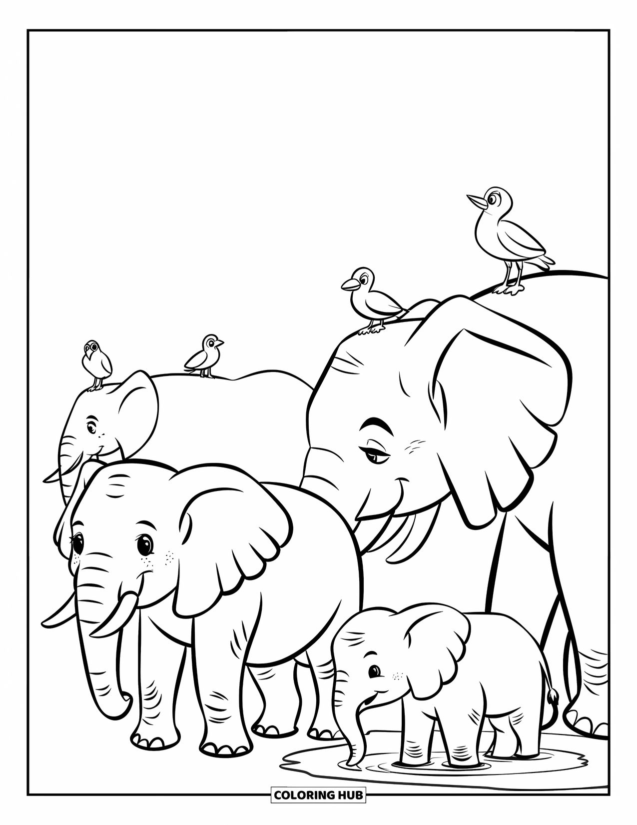 Elephant Coloring Page for Kids: A group of elephants gathers near a watering hole, with birds perched on their backs