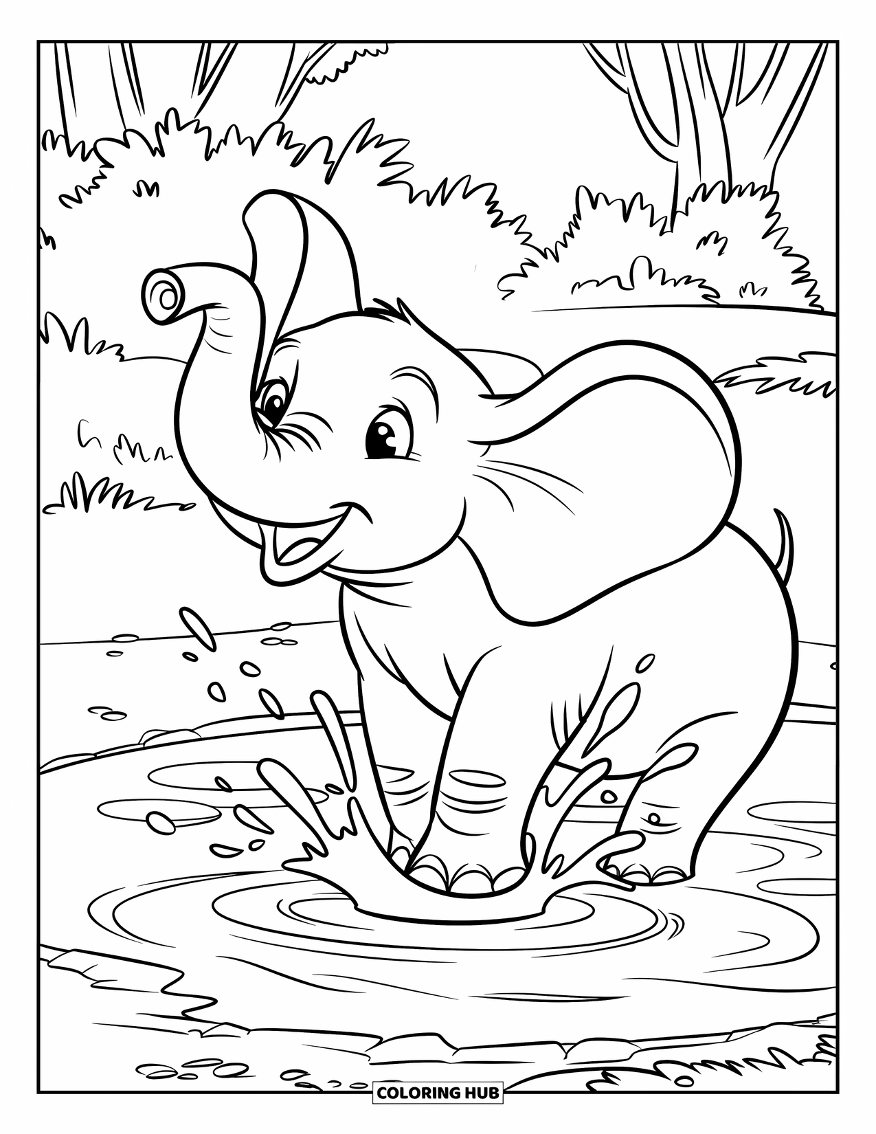 Elephant Coloring Page for Kids: A happy elephant raises its trunk, splashing water playfully into the air