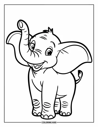 Coloriage d'éléphants pour enfants : Un éléphant heureux agite sa trompe dans une scène minimaliste et lumineuse