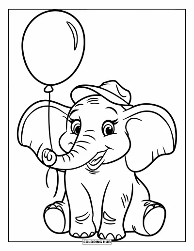 Coloriage d'éléphants pour enfants : Un éléphant joyeux est assis en tenant un ballon, avec un petit chapeau incliné