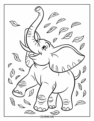 Coloriage d'éléphants pour enfants : Un éléphant majestueux barrit fièrement, entouré de feuilles d'automne qui tourbillonnent