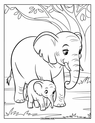 Coloriage d'éléphants pour enfants : Une maman éléphant et son petit marchent ensemble dans un décor de jungle simple