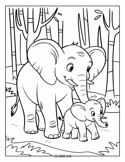 Coloriage d'éléphants pour enfants : Une maman éléphant tient doucement la queue de son petit en marchant dans une jungle luxuriante