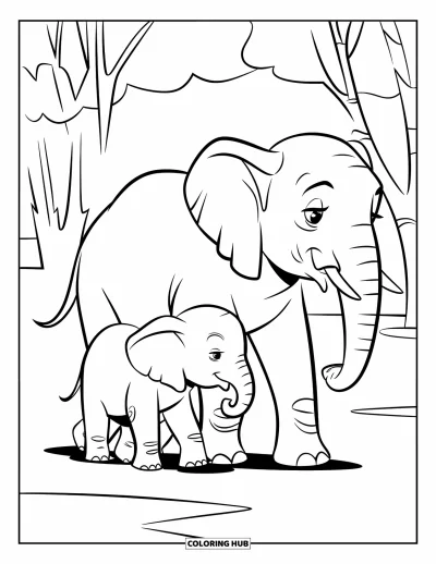 Coloriage d'éléphants pour enfants : Une maman éléphant guide son petit en tenant sa queue dans une forêt paisible