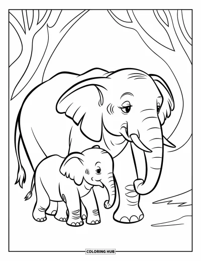 Coloriage d'éléphants pour enfants : Une maman éléphant marche avec son petit en enroulant sa trompe autour de son cou
