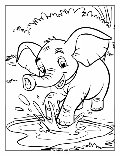 Coloriage d'éléphants pour enfants : Un éléphant joueur éclabousse l'eau d'un étang et profite de la fraîcheur