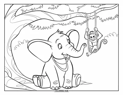 Coloriage d'éléphants pour enfants : Un singe joueur se balance au-dessus d'un éléphant assis paisiblement dans un grand arbre