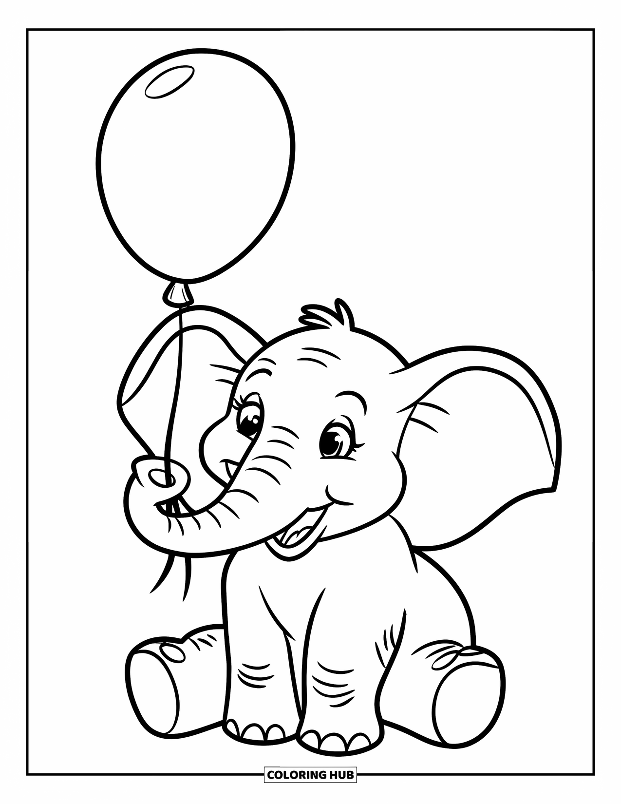 Elephant Coloring Page for Kids: A smiling elephant sits holding a balloon with a ribbon in a charming pose