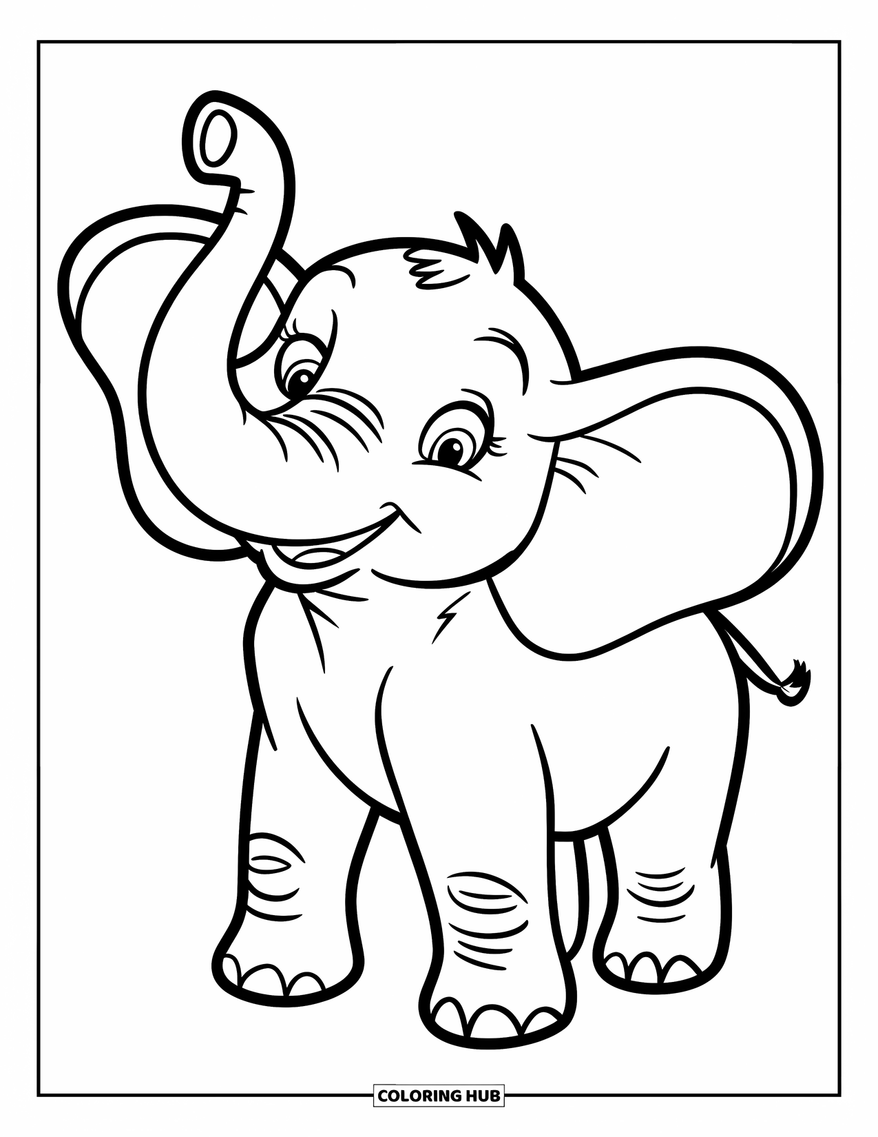 Elephant Coloring Page for Kids: A smiling elephant waves its trunk in a simple, fun design for young audiences