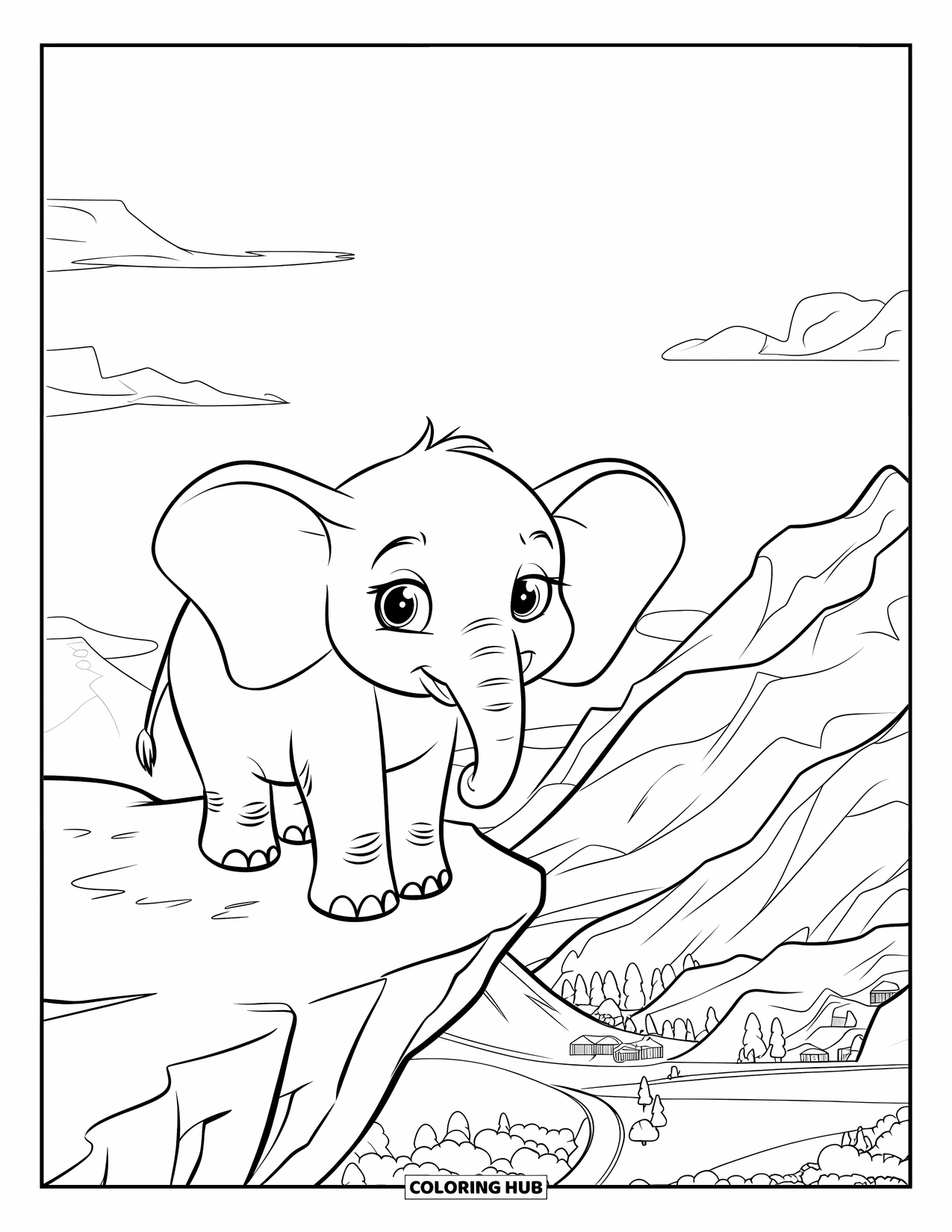 Elephant Coloring Page for Kids: A young elephant gazes over a valley, standing high on a mountain ridge