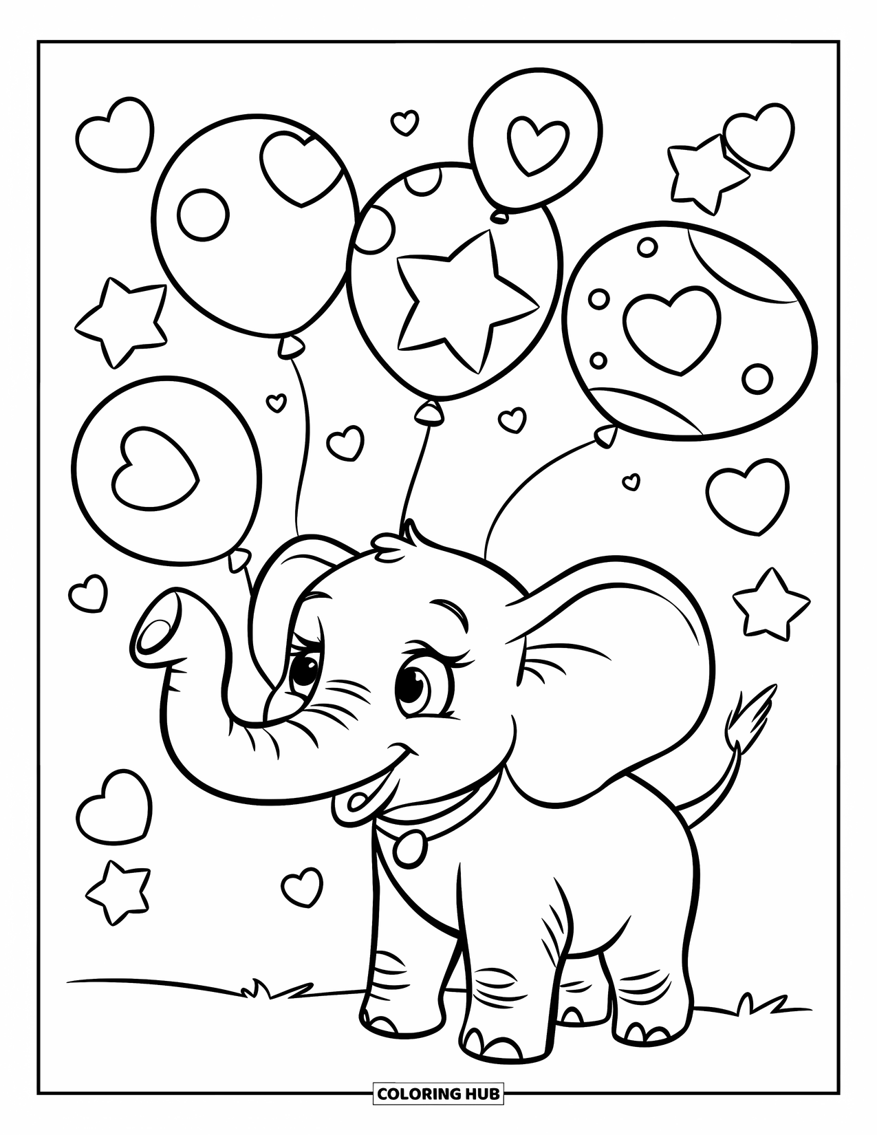 Elephant Coloring Page for Kids: A young elephant plays joyfully with floating balloons of different shapes
