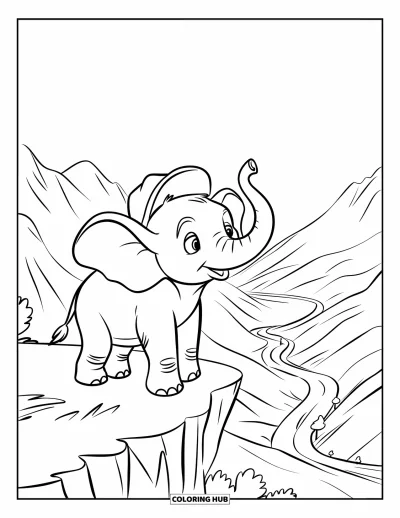 Coloriage d'éléphants pour enfants : Un jeune éléphant se tient sur une crête de montagne et admire la vaste vallée en contrebas