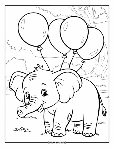 Coloriage d'éléphants pour enfants : Un jeune éléphant regarde des ballons flotter autour de lui, avec un grand sourire