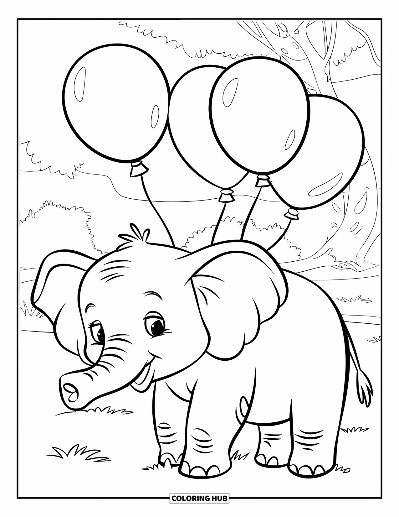 Elephant Coloring Page for Kids: A young elephant watches balloons float around, smiling with delight